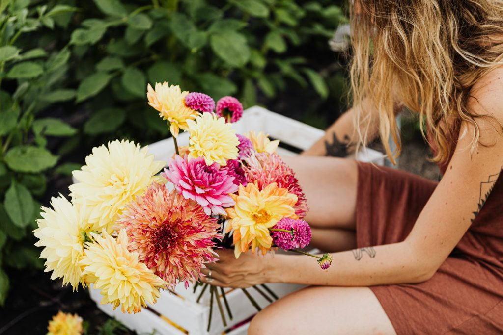 Mid-twenties woman hand picking flowers