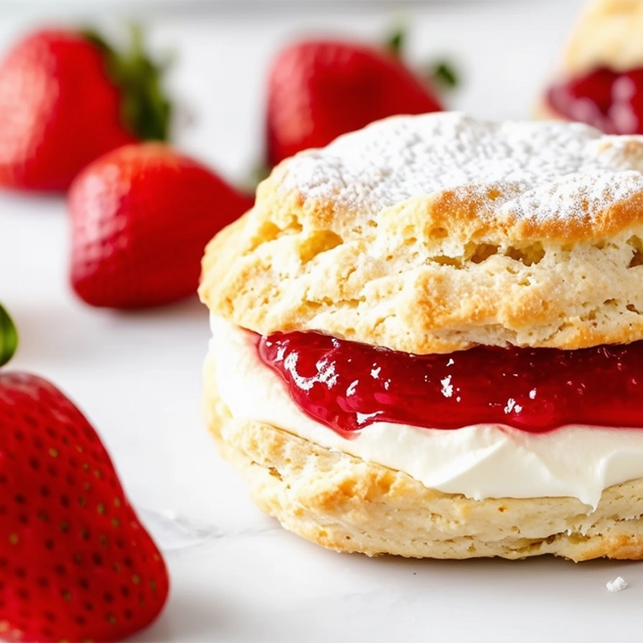 Cream tea scone with jam and cream surrounded by strawberries on a white table at lillingstone pick your own