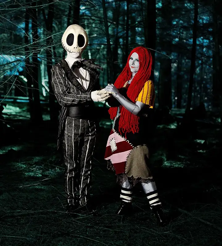 The characters jack skeleton and alice in wonderland stood in spooky forest at lillingstone pick your own farm