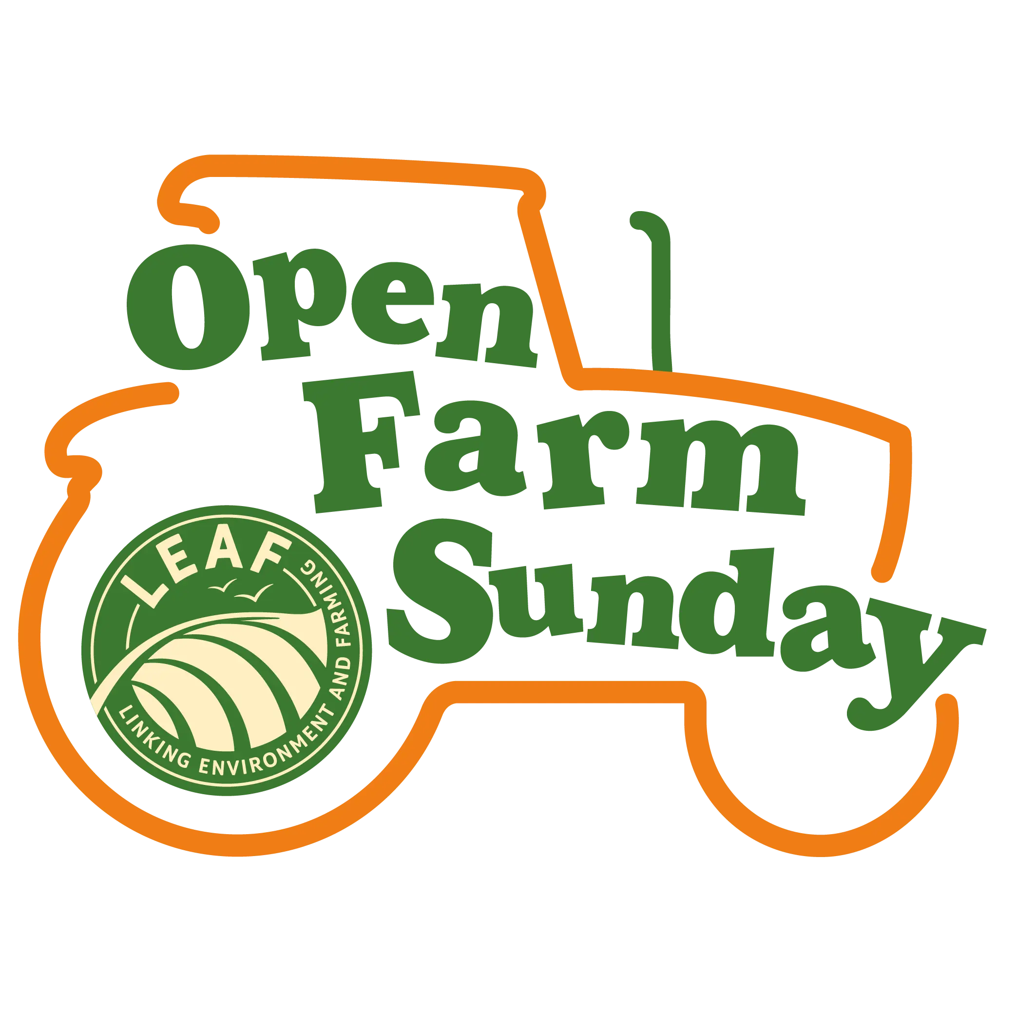 The Open Farm Sunday logo. An orange tractor frames the bubbly green text