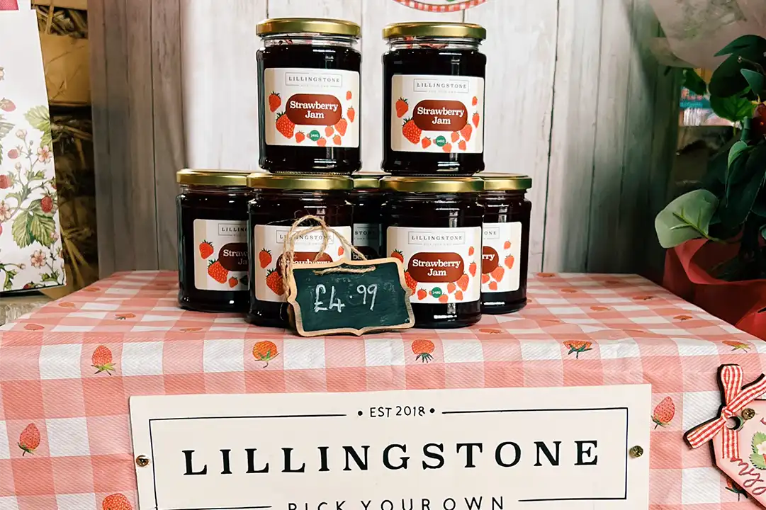 A range of branded strawberry jams by Lillingstone Pick Your Own, in their farm shop