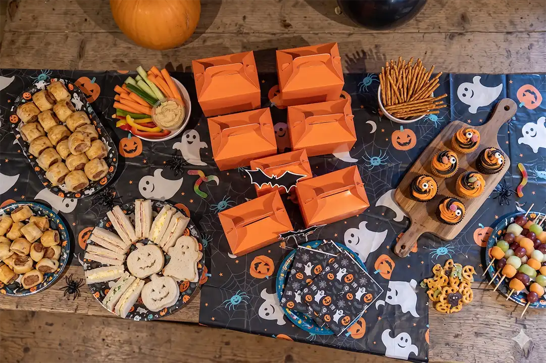 Halloween themed party food such as cupcakes are beautifully presented on a table at Lillingstone Pick Your Own farm