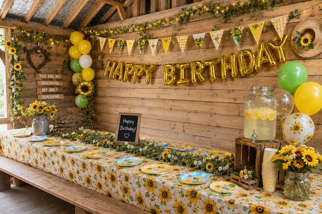 Sunflower themed birthday decorations cover a long table and the barn walls at Lillingstone Pick Your Own farm