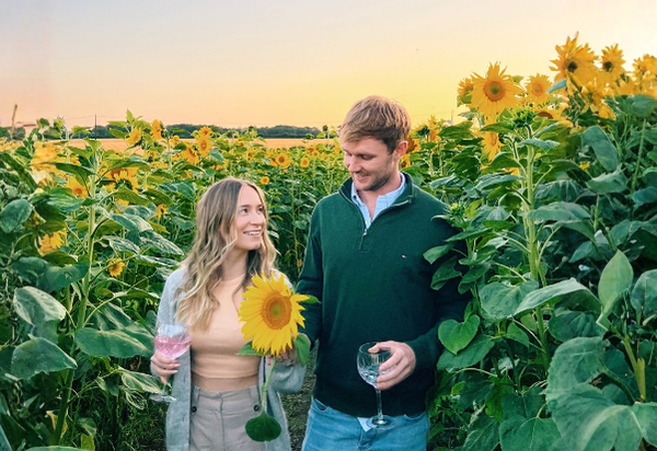 A couple wondering through the Sunflower Fields at sunset