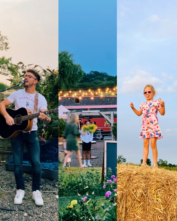Three images of Sunset on the Farm, live music, play patch, and food