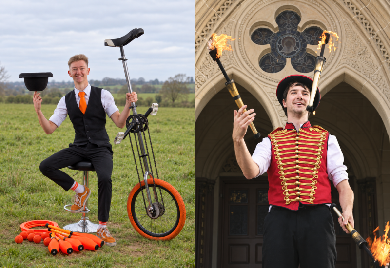 Two circus performers: one holding a tall unicycle and top hat, the other juggling flaming torches.